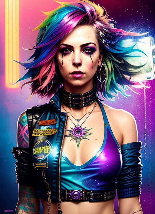 swpunk style synthwavedrunken beautiful woman as delirium from sandman, (hallucinating colorful soap bubbles), by jeremy m...